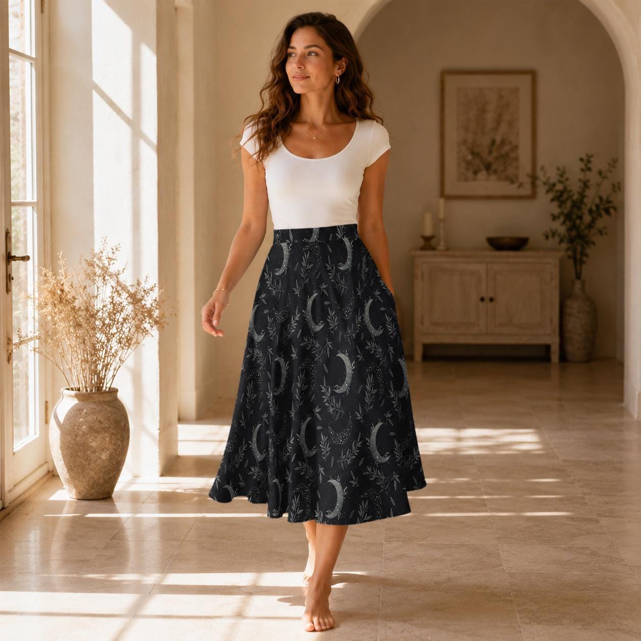 Celestial Moon Midi Skirt, Dark Botanical Print, High Waist A-Line, Witchy Style