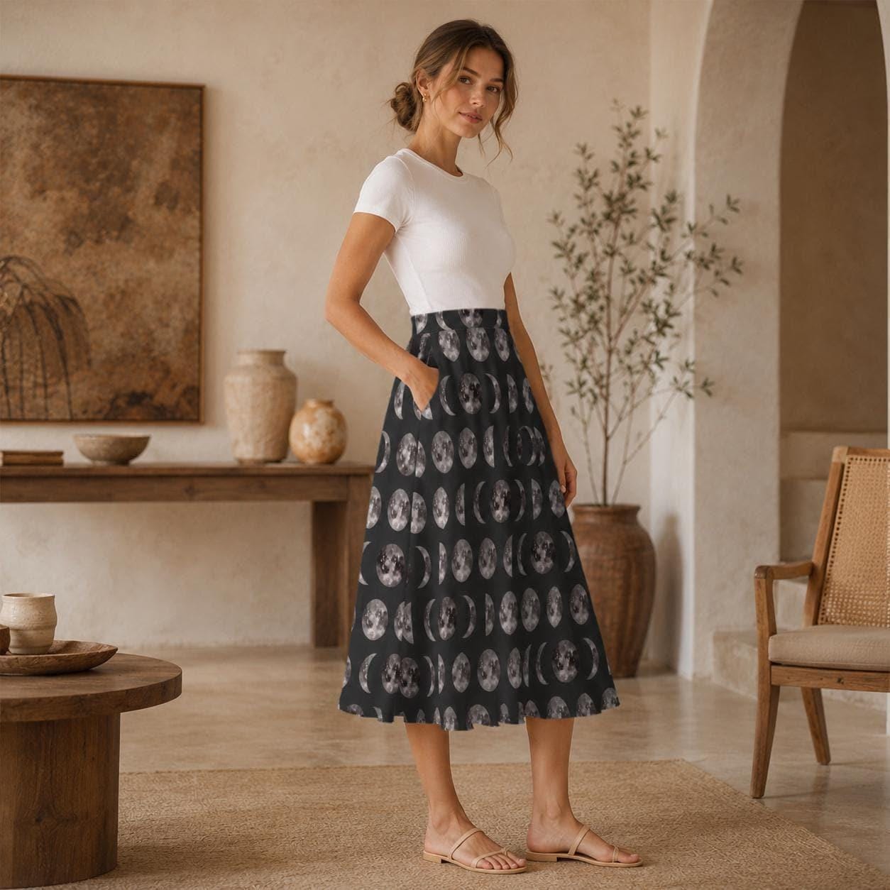 Moon Phase Midi Skirt, Lunar Print, High Waist A-Line with Pockets