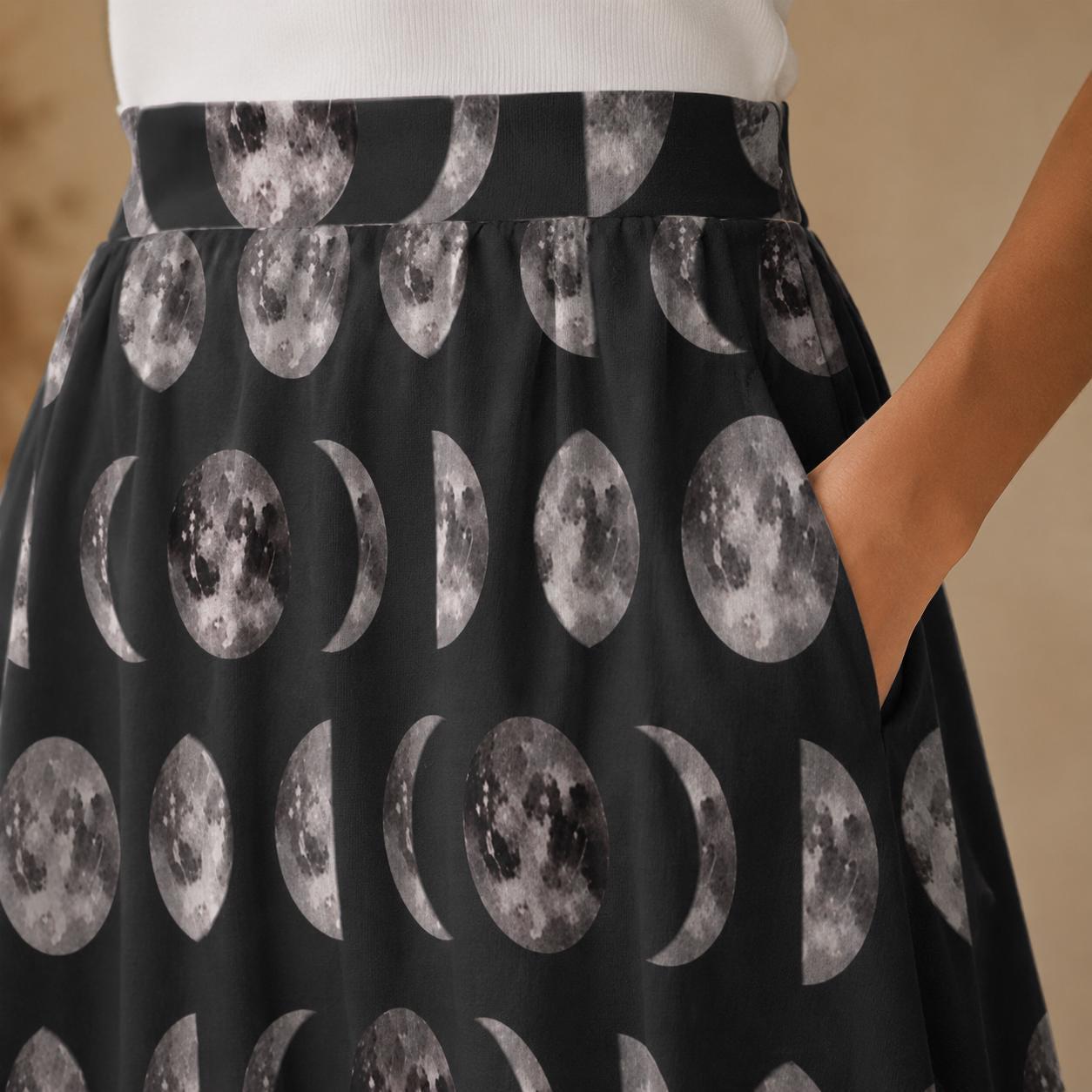 Moon Phase Midi Skirt, Lunar Print, High Waist A-Line with Pockets