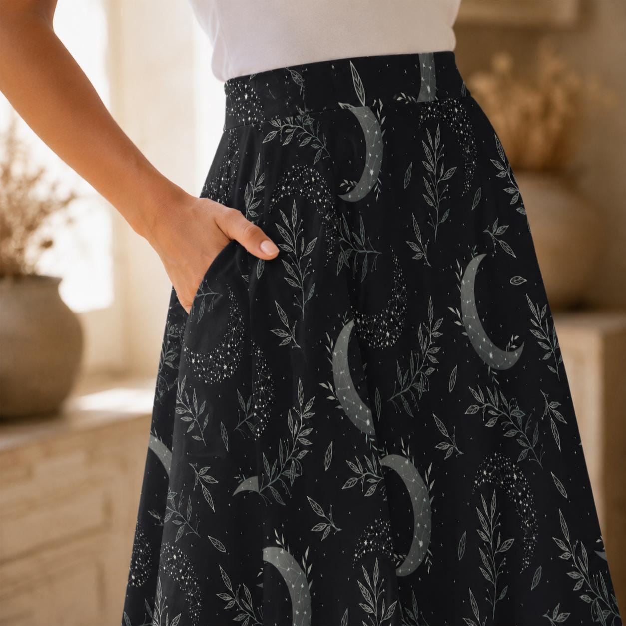 Celestial Moon Midi Skirt, Dark Botanical Print, High Waist A-Line, Witchy Style