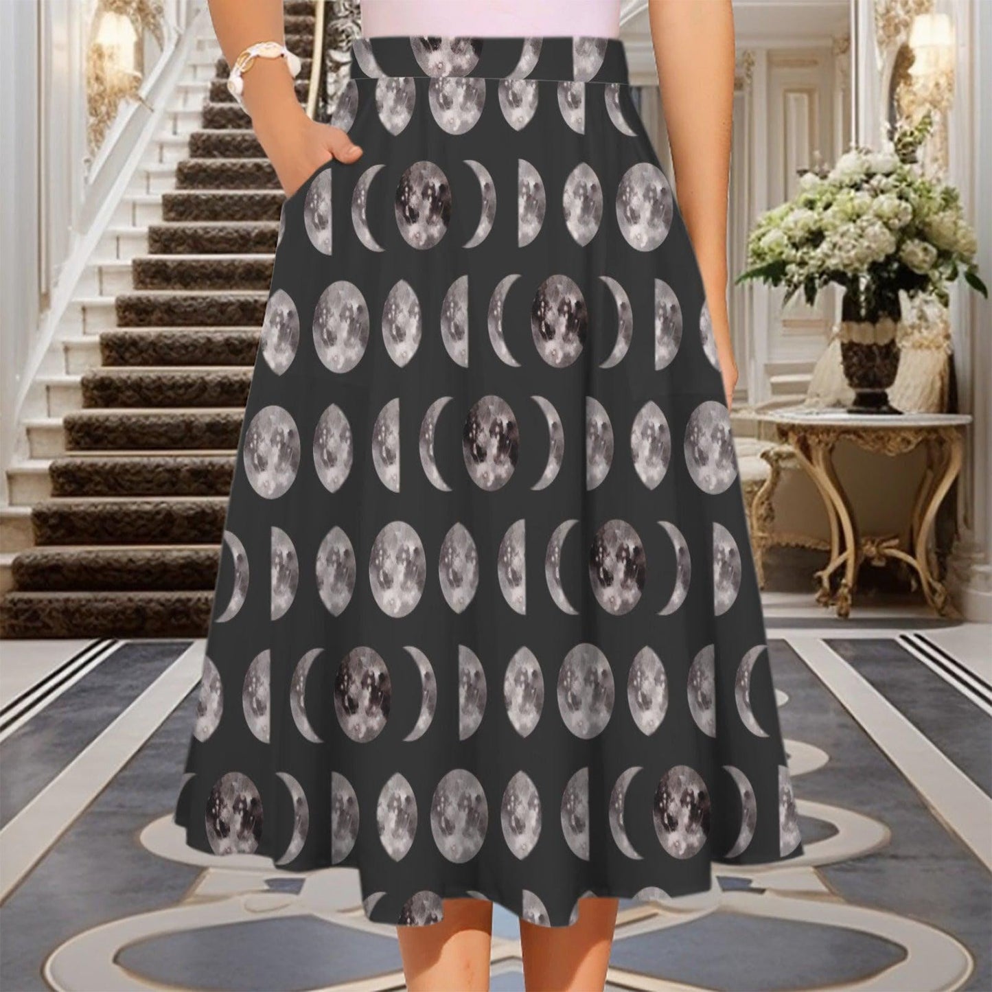 Moon Phase Midi Skirt, Lunar Print, High Waist A-Line with Pockets