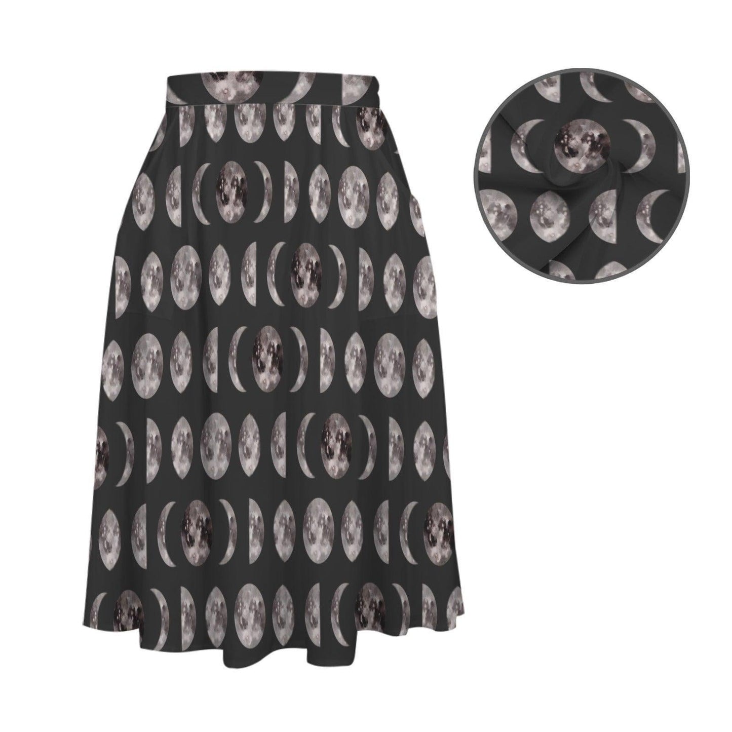 Moon Phase Midi Skirt, Lunar Print, High Waist A-Line with Pockets