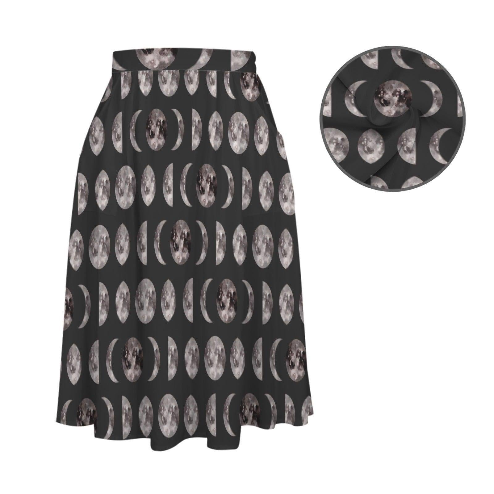 Moon Phase Midi Skirt, Lunar Print, High Waist A-Line with Pockets