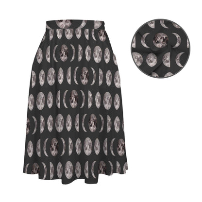 Moon Phase Midi Skirt, Lunar Print, High Waist A-Line with Pockets
