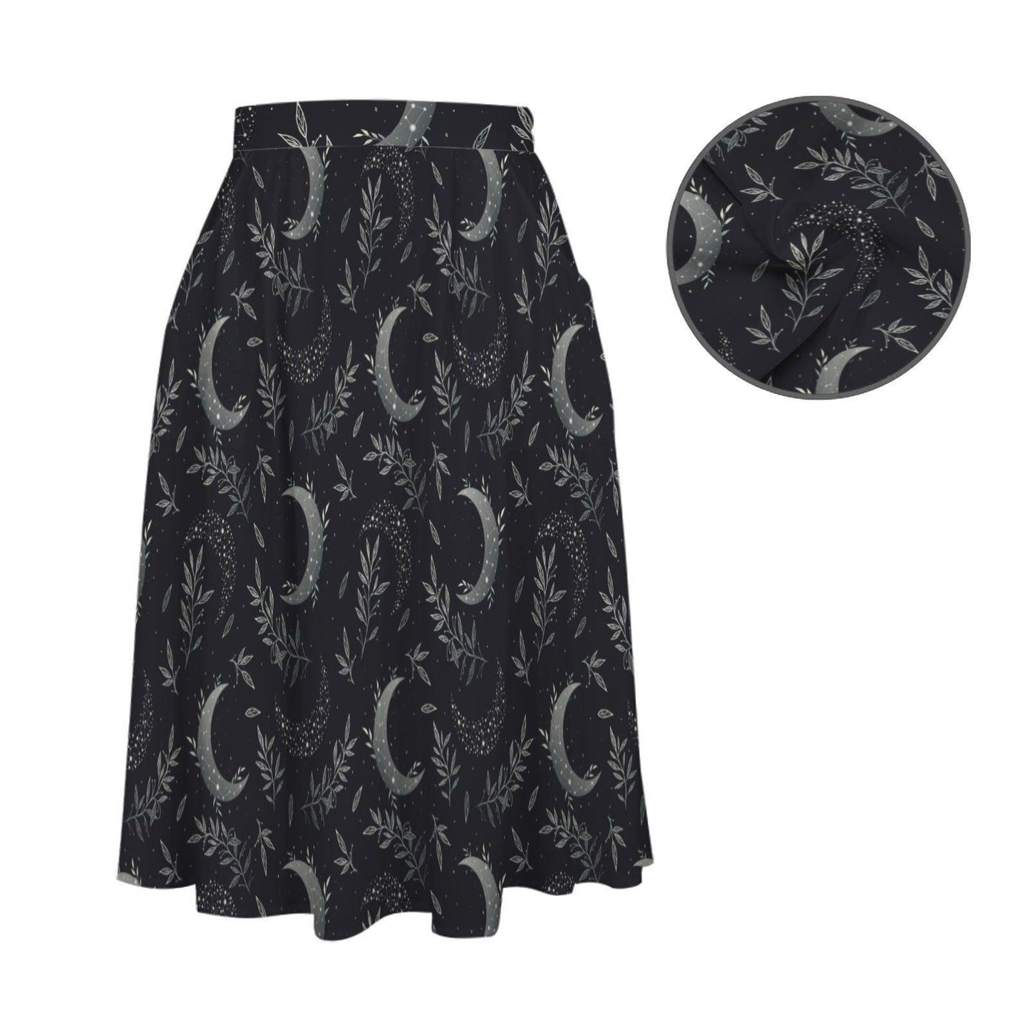 Celestial Moon Midi Skirt, Dark Botanical Print, High Waist A-Line, Witchy Style