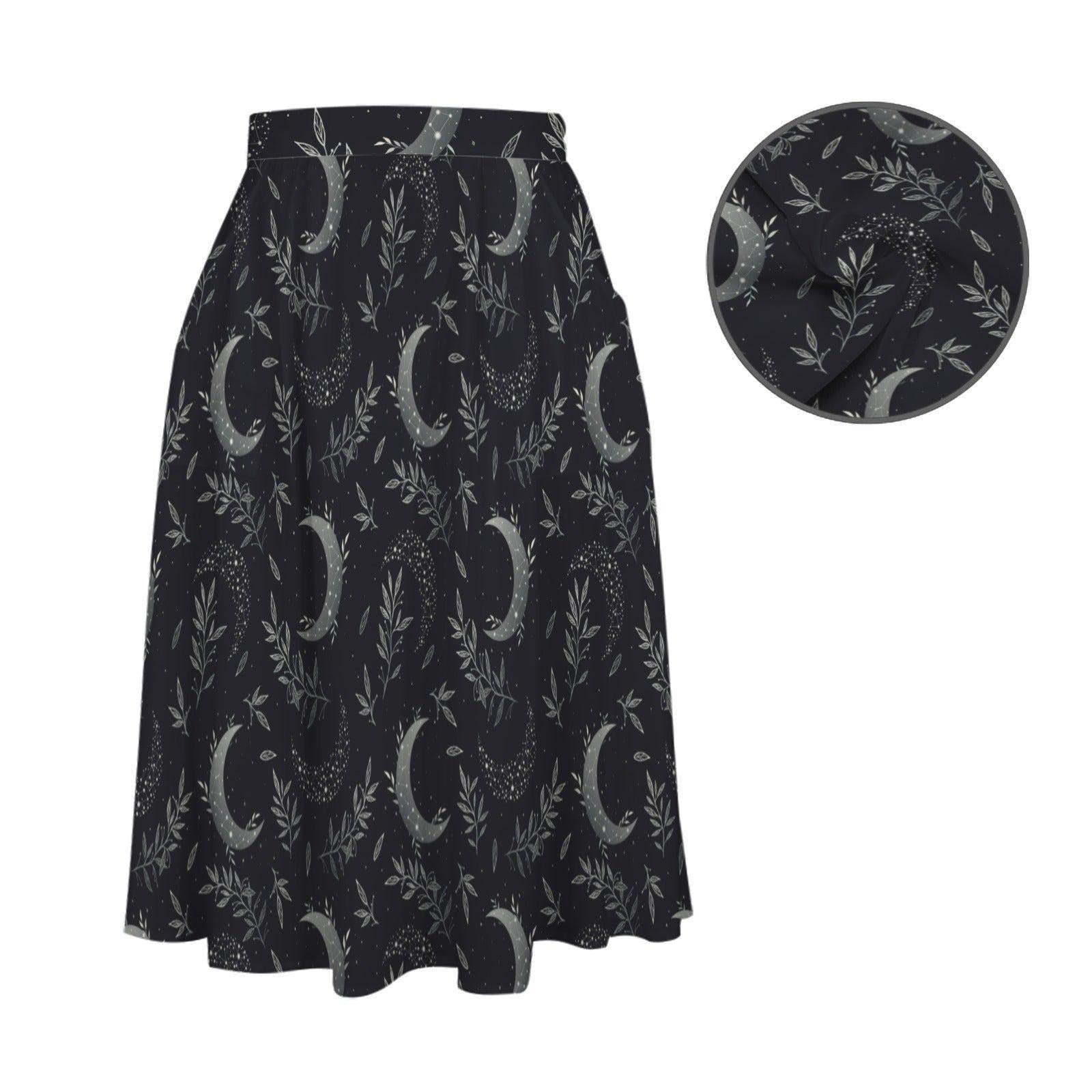Celestial Moon Midi Skirt, Dark Botanical Print, High Waist A-Line, Witchy Style