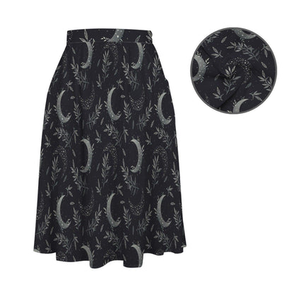 Celestial Moon Midi Skirt, Dark Botanical Print, High Waist A-Line, Witchy Style