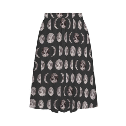 Moon Phase Midi Skirt, Lunar Print, High Waist A-Line with Pockets