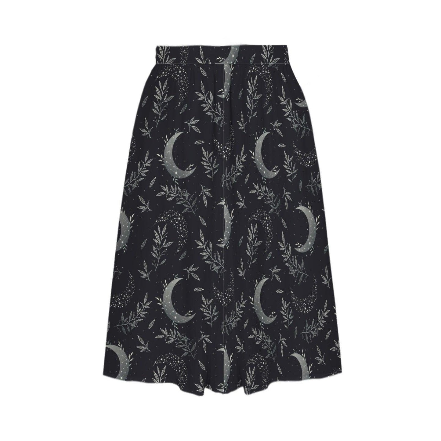 Celestial Moon Midi Skirt, Dark Botanical Print, High Waist A-Line, Witchy Style