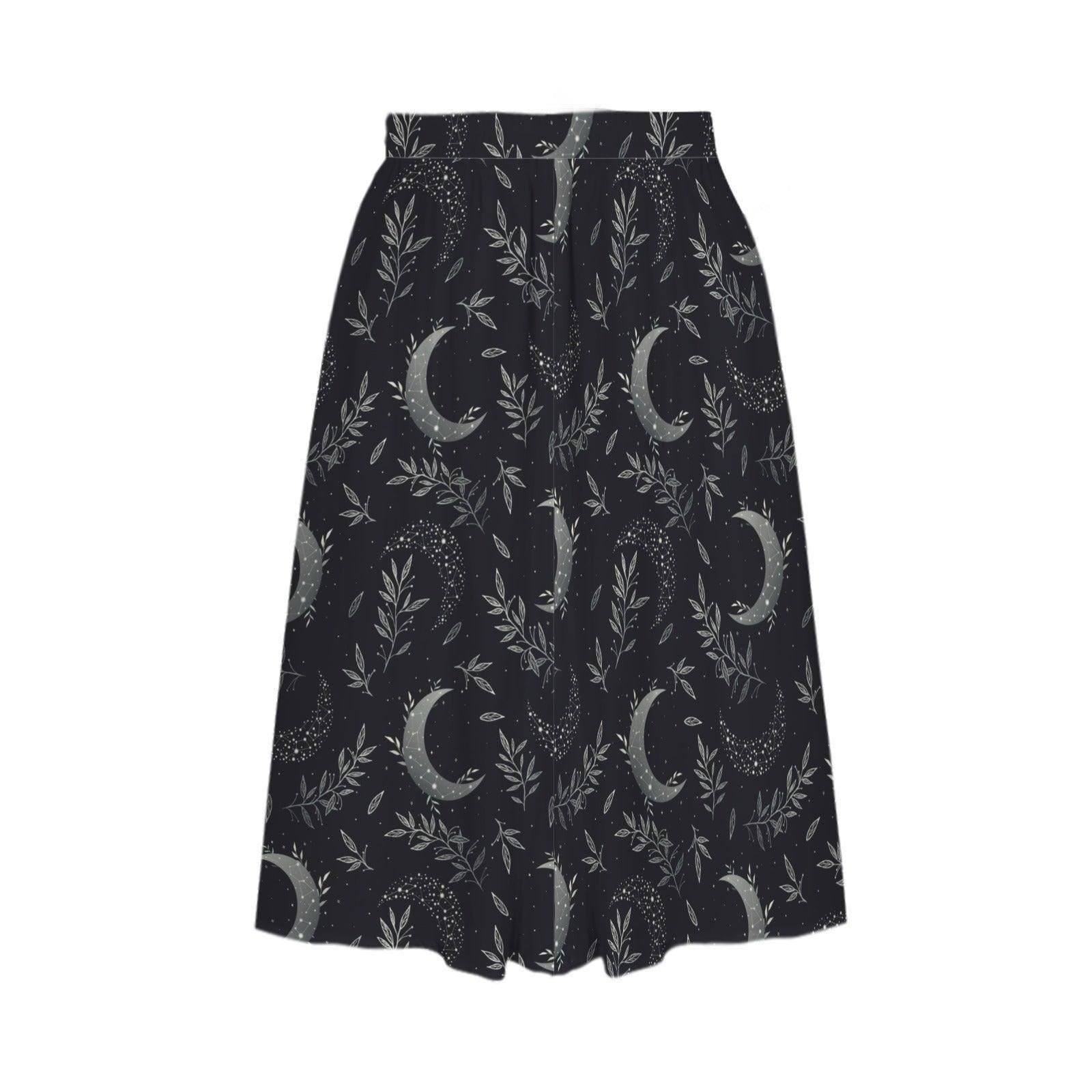 Celestial Moon Midi Skirt, Dark Botanical Print, High Waist A-Line, Witchy Style