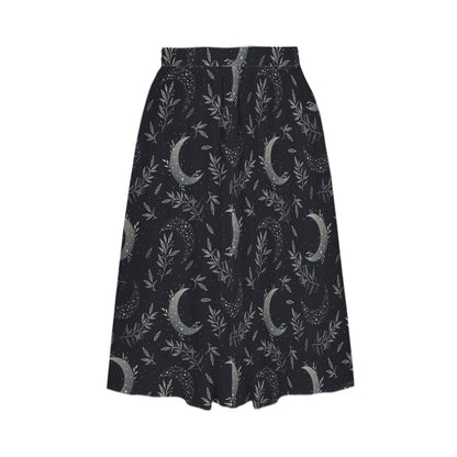 Celestial Moon Midi Skirt, Dark Botanical Print, High Waist A-Line, Witchy Style