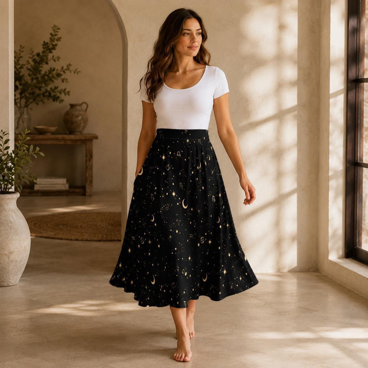 Celestial Moon Midi Skirt, Black Star Print, Witchy High Waist With Pockets