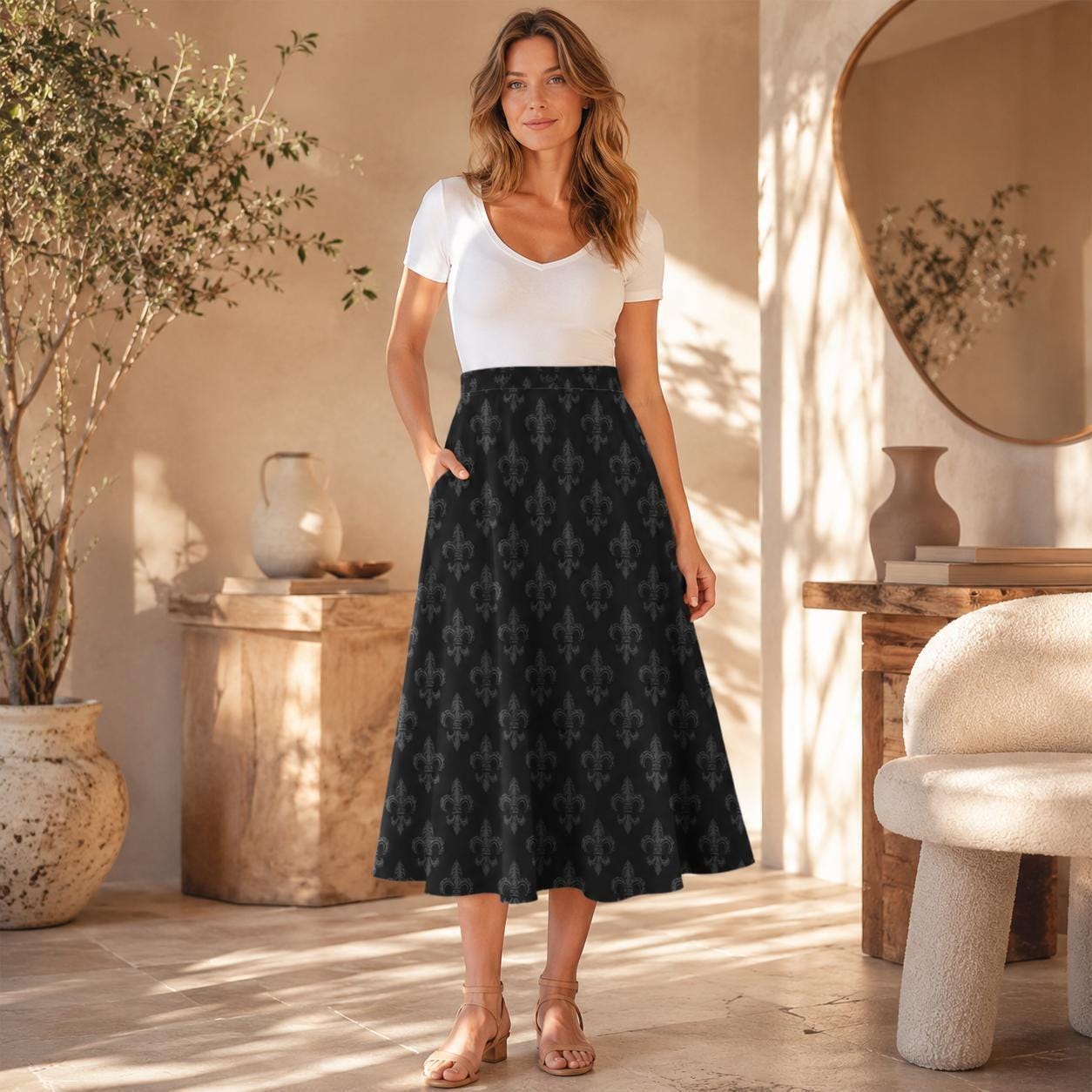 Black Damask Skirt, Gothic Fleur De Lis Print, High Waist A Line Skirt with Pockets
