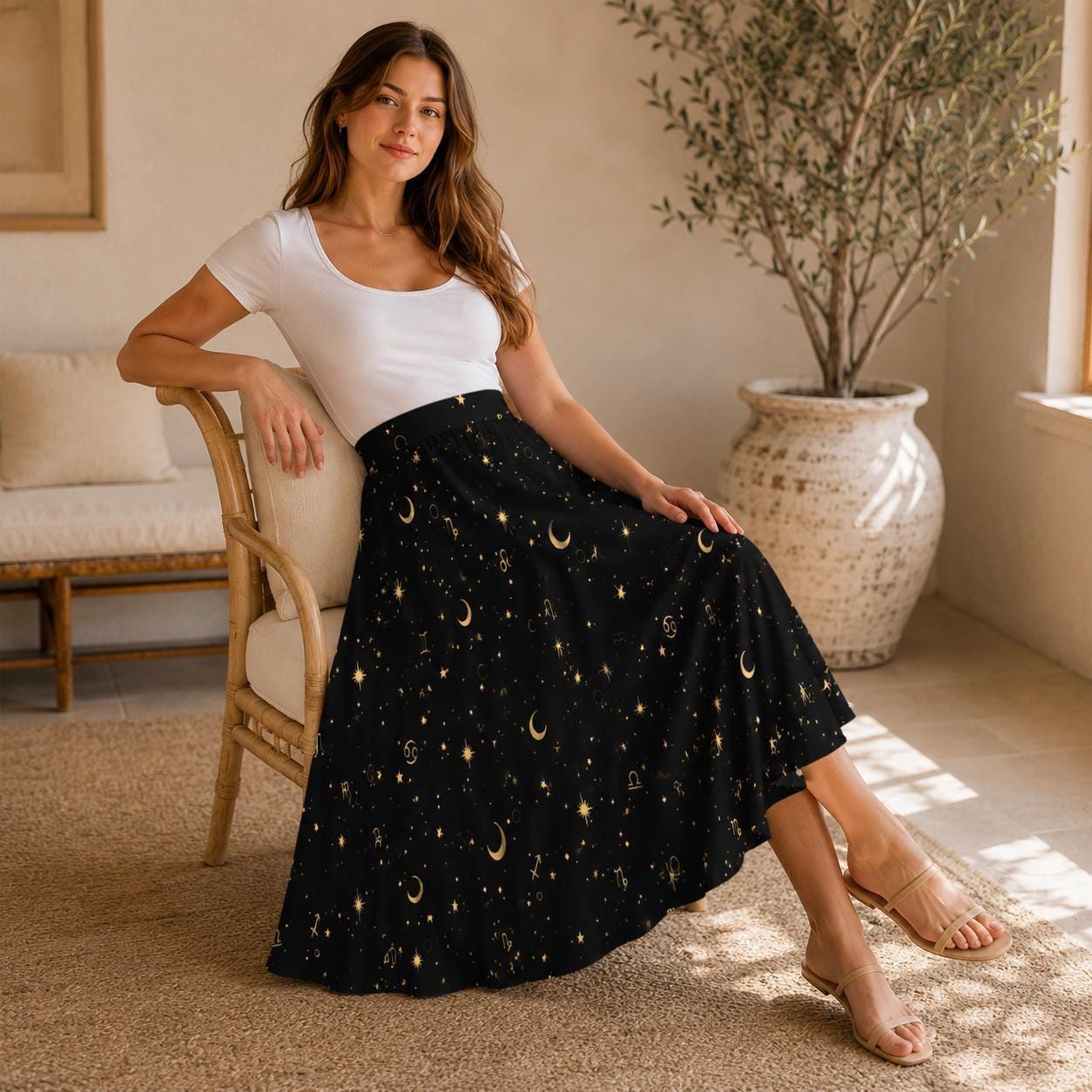 Celestial Moon Midi Skirt, Black Star Print, Witchy High Waist With Pockets