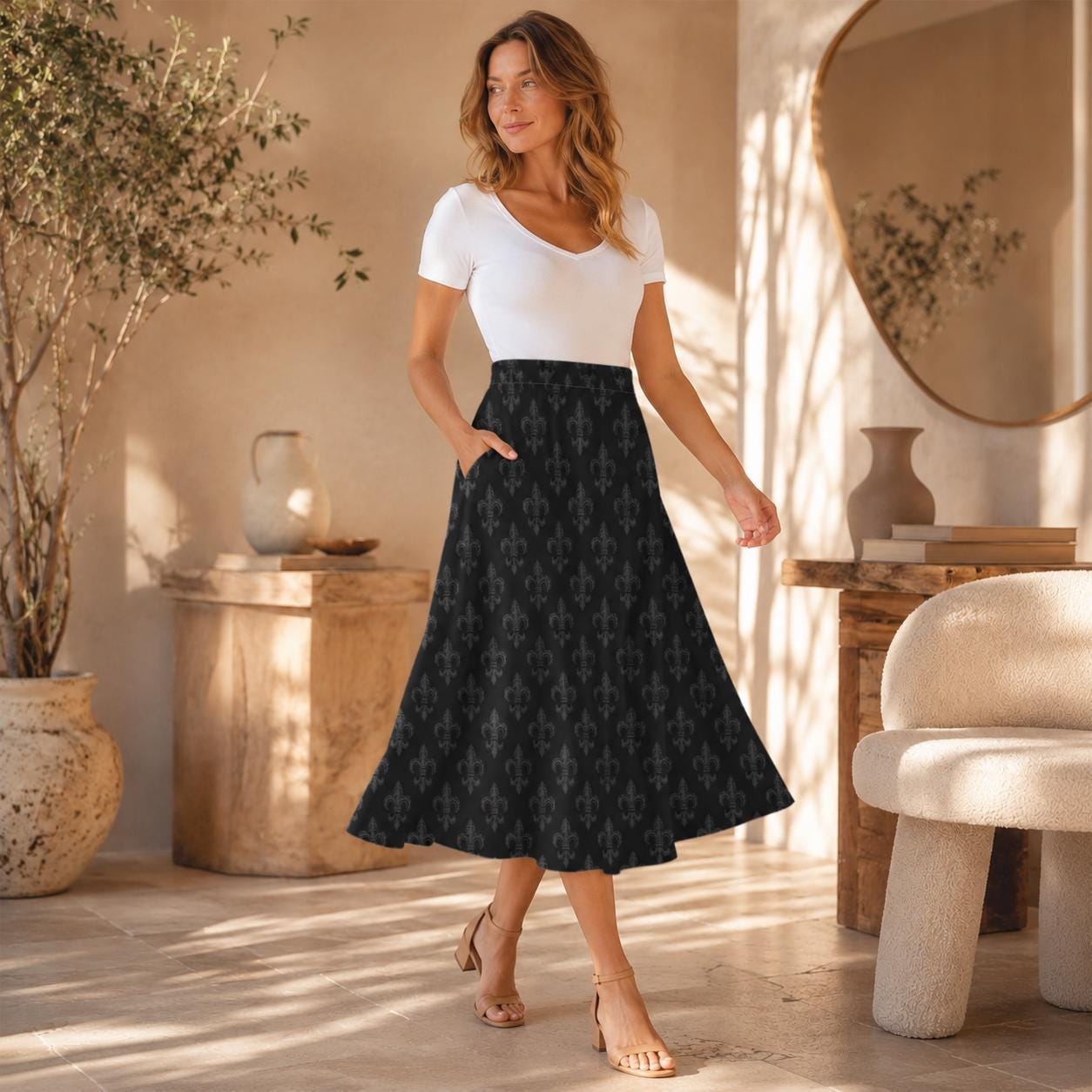 Black Damask Skirt, Gothic Fleur De Lis Print, High Waist A Line Skirt with Pockets