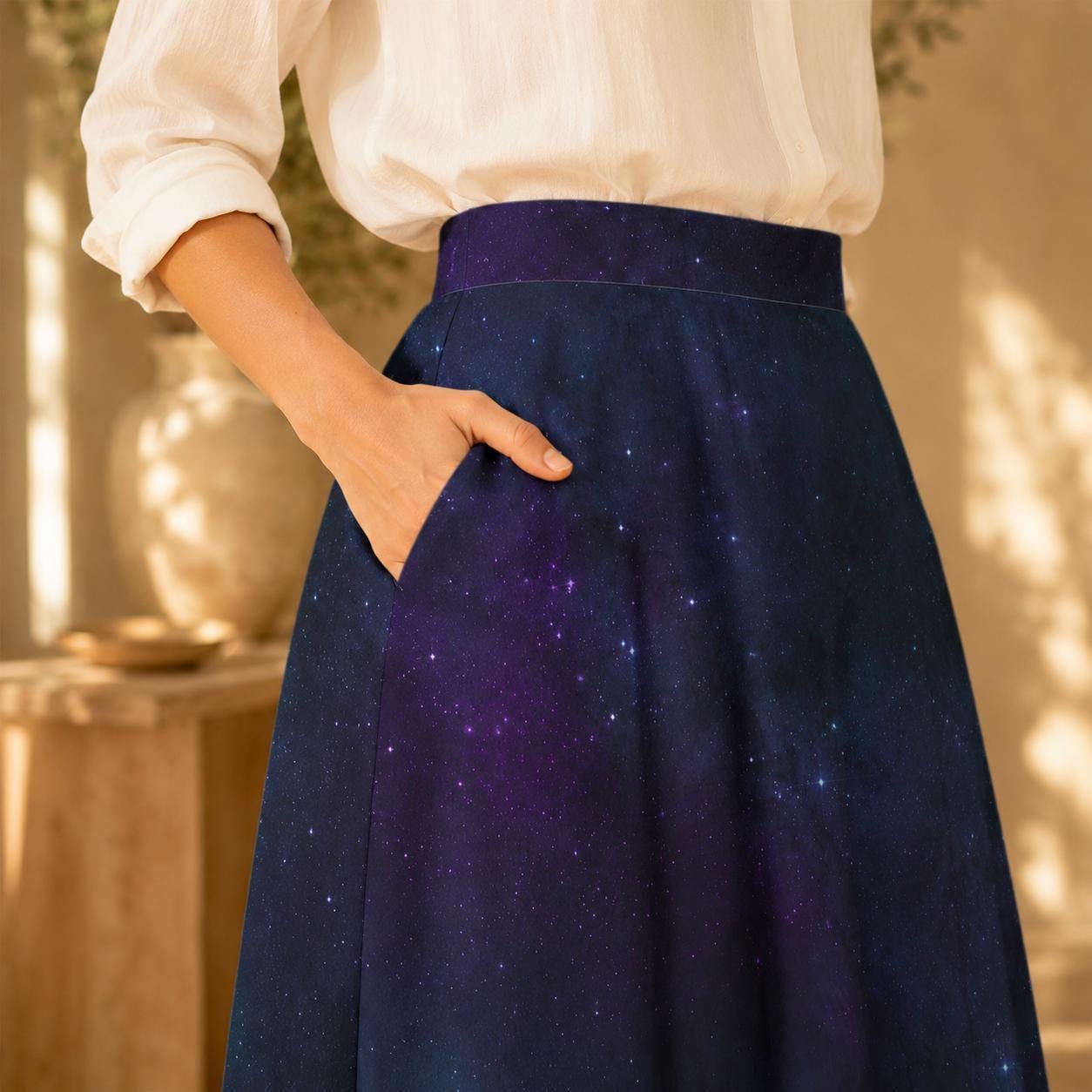 Galaxy Midi Skirt, Celestial Space Print, High Waist Flowy A Line, Pockets, Cosmic Boho