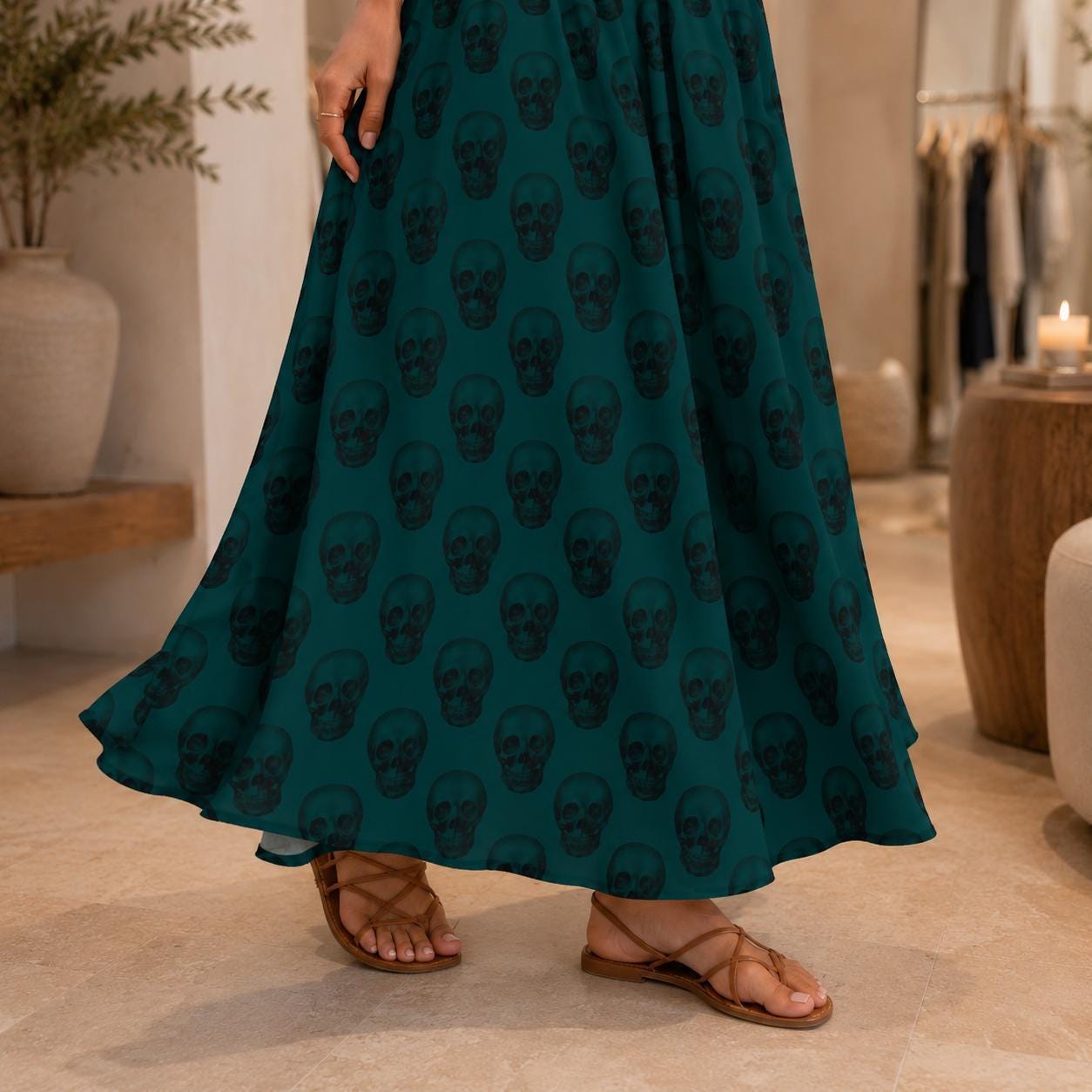 Teal Skull Print Maxi Skirt, High Waist Flowy A Line Boho Style