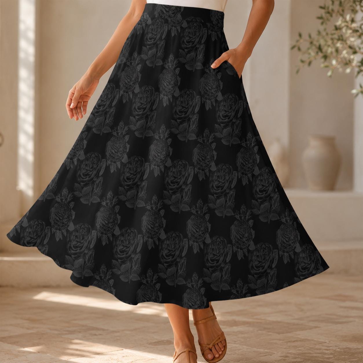 Black Rose Midi Skirt, Tonal Floral High Waist A Line, Dark Romantic Evening Styling