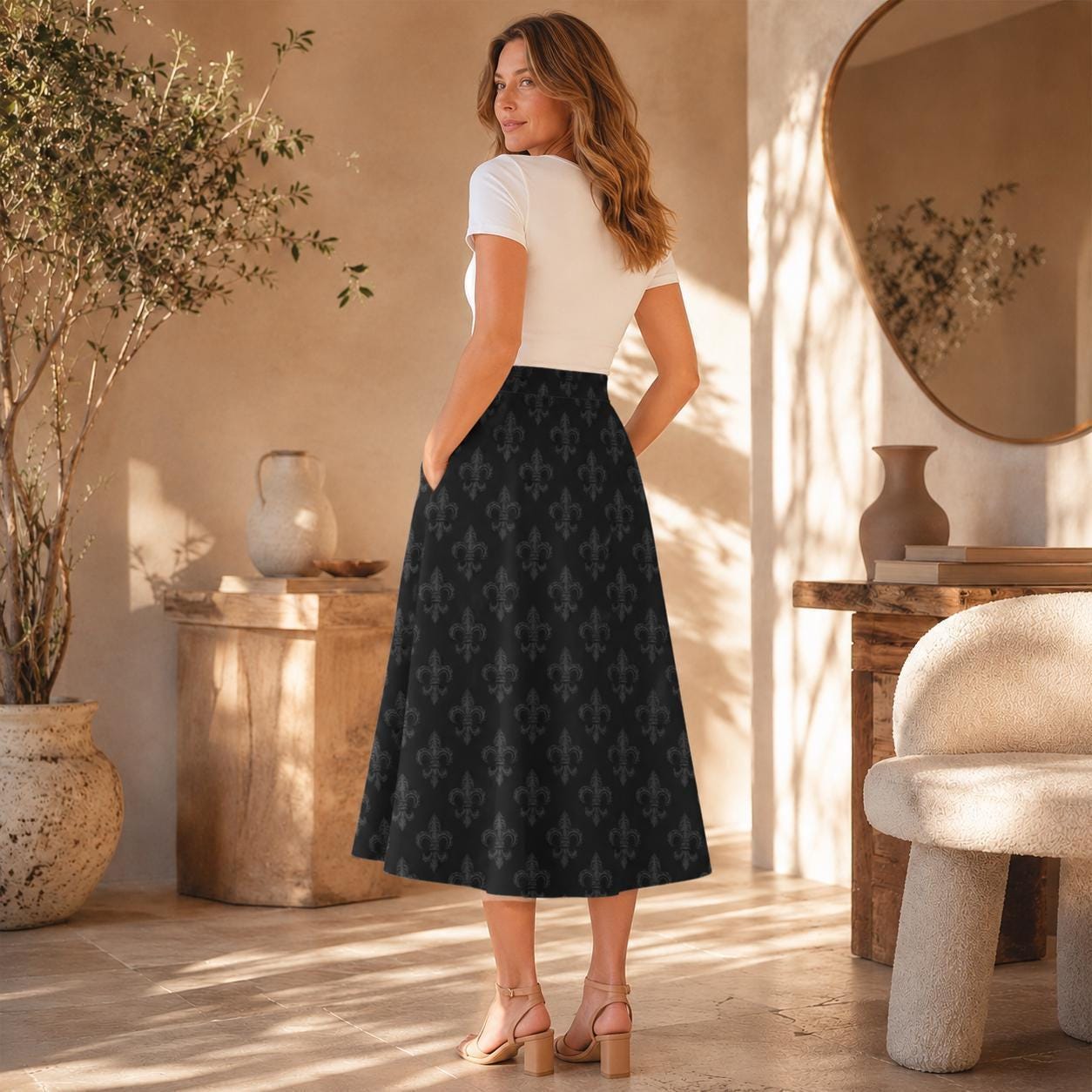 Black Damask Skirt, Gothic Fleur De Lis Print, High Waist A Line Skirt with Pockets