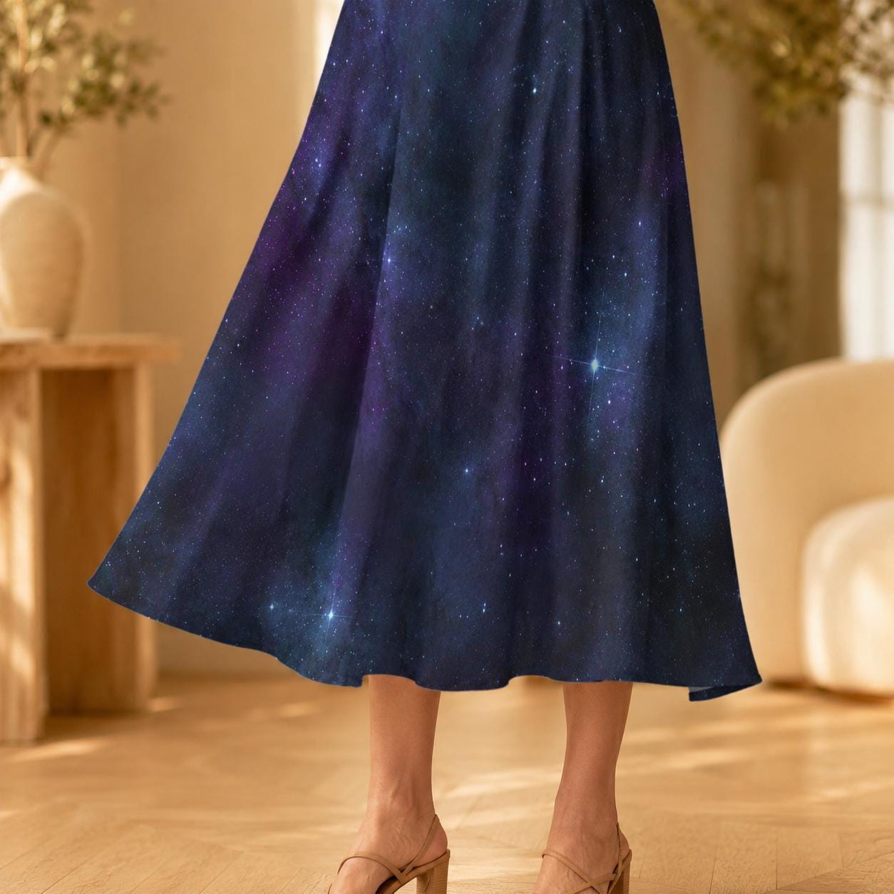Galaxy Midi Skirt, Celestial Space Print, High Waist Flowy A Line, Pockets, Cosmic Boho