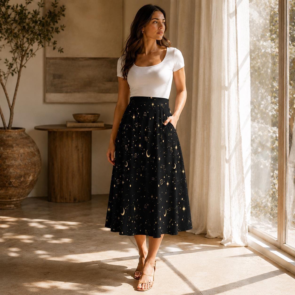 Celestial Moon Midi Skirt, Black Star Print, Witchy High Waist With Pockets