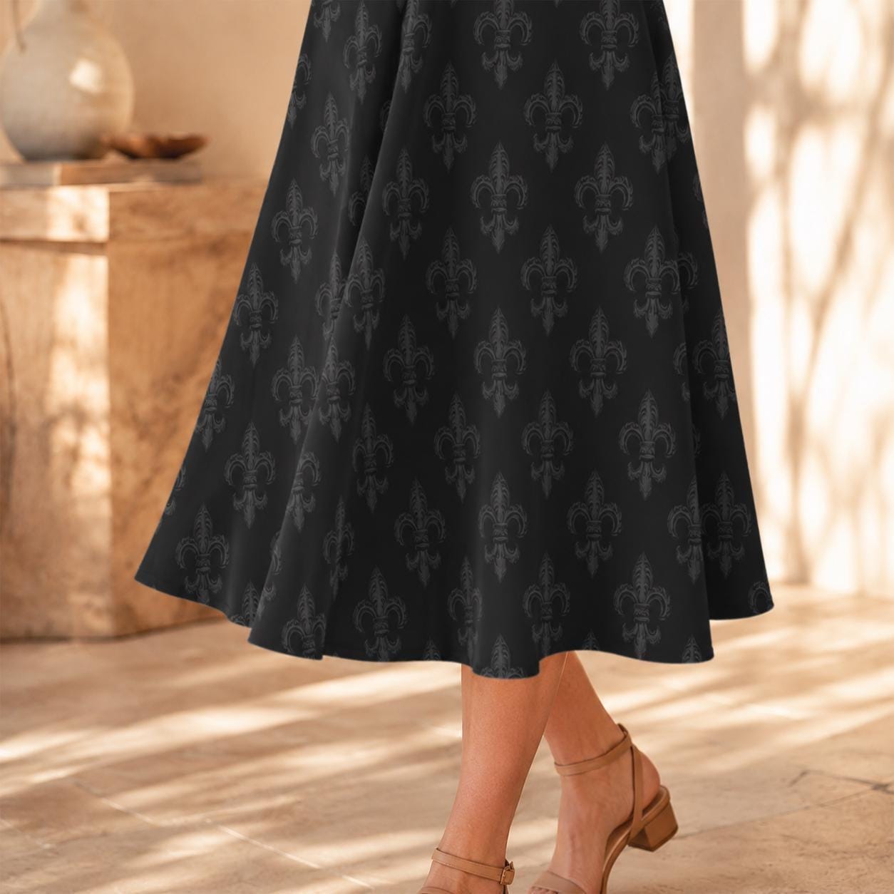 Black Damask Skirt, Gothic Fleur De Lis Print, High Waist A Line Skirt with Pockets