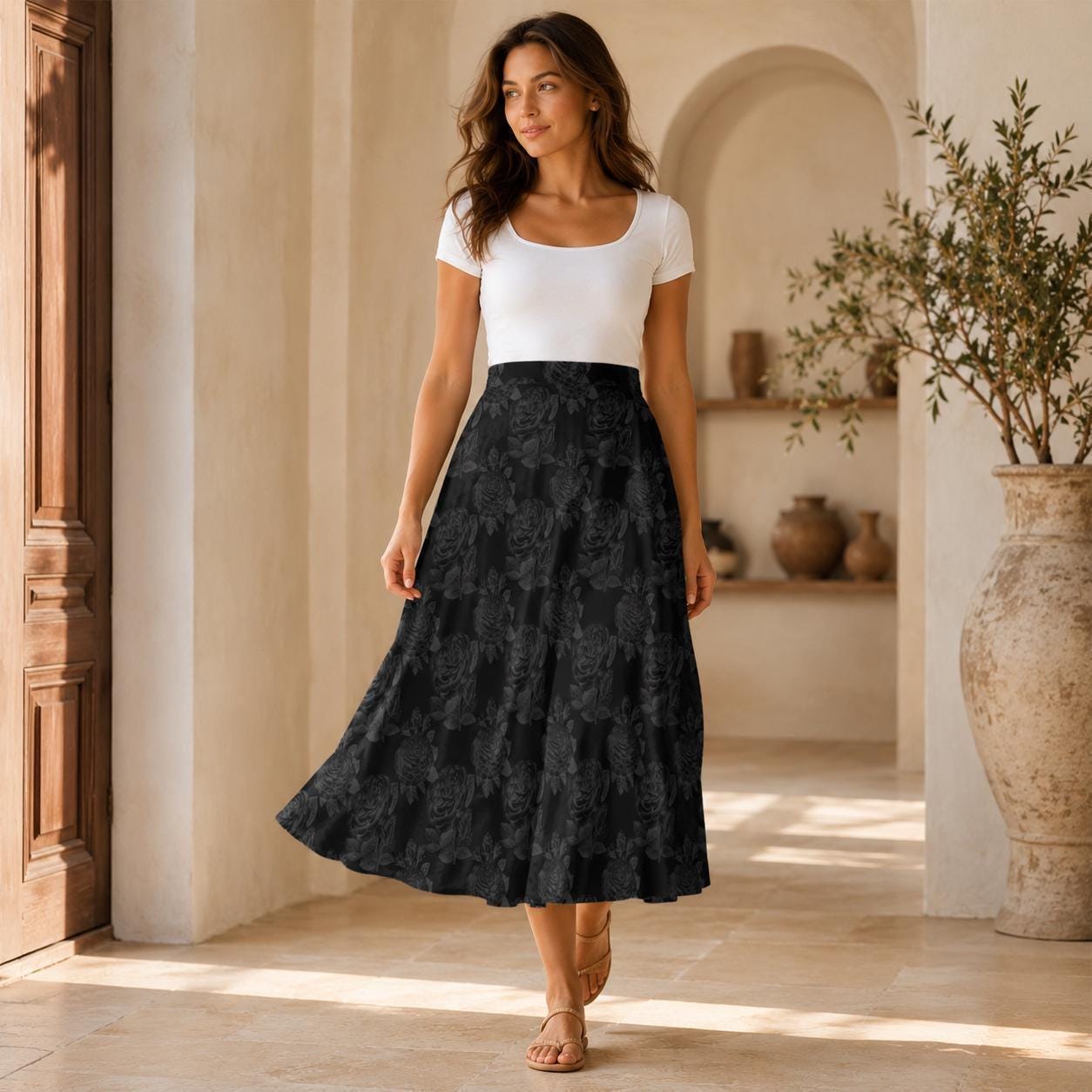 Black Rose Midi Skirt, Tonal Floral High Waist A Line, Dark Romantic Evening Styling