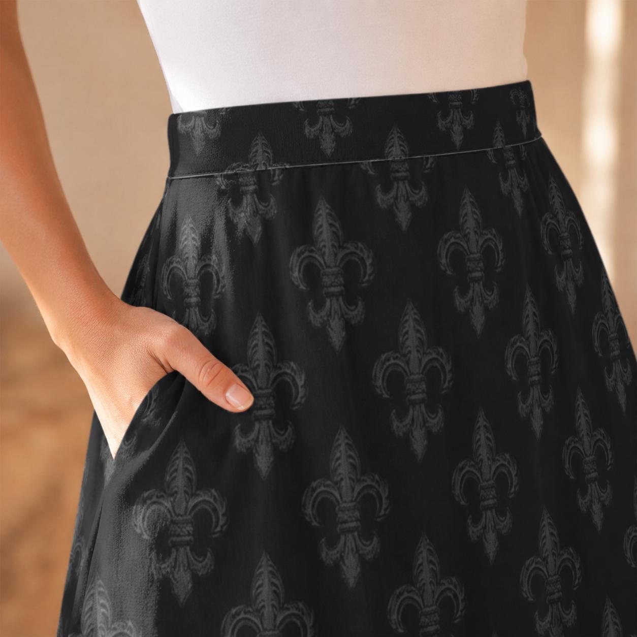 Black Damask Skirt, Gothic Fleur De Lis Print, High Waist A Line Skirt with Pockets