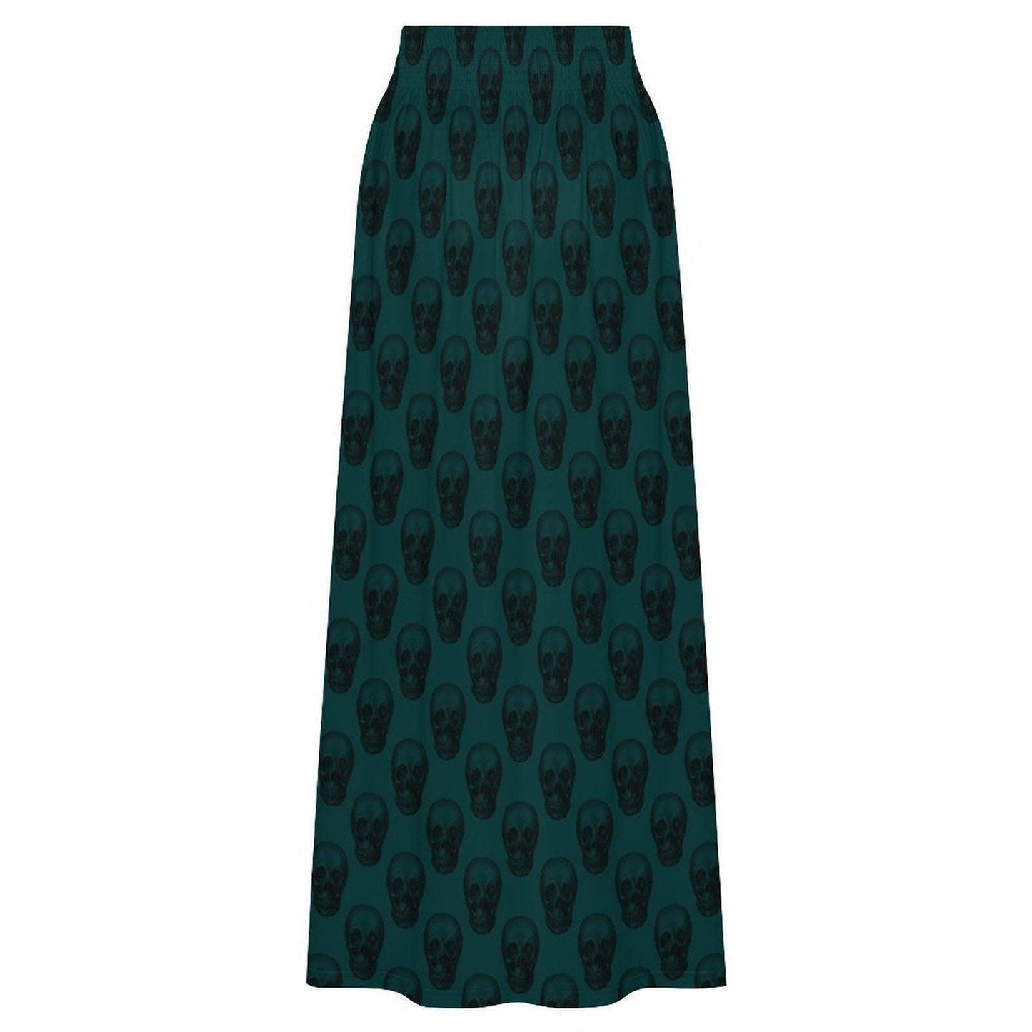 Teal Skull Print Maxi Skirt, High Waist Flowy A Line Boho Style