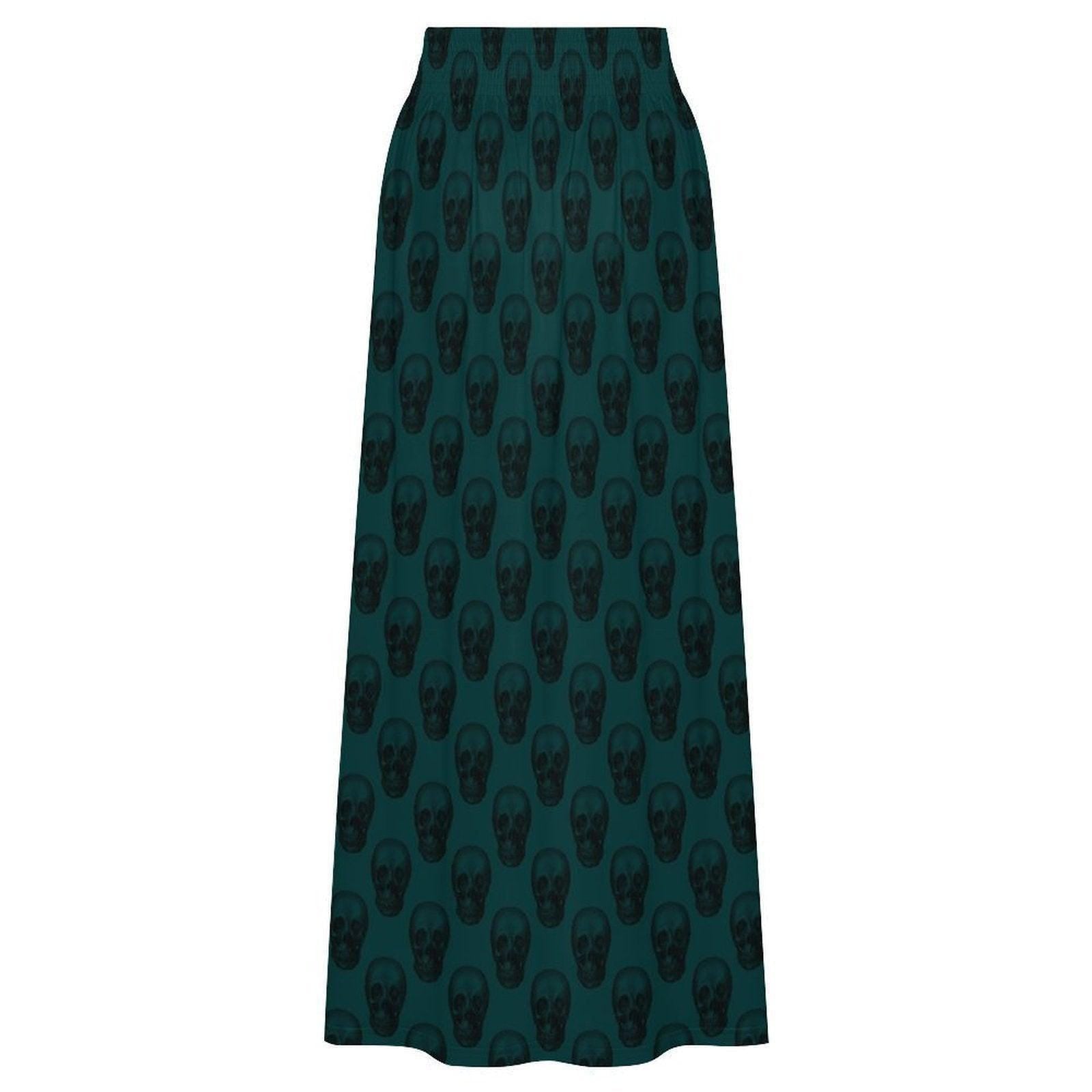 Teal Skull Print Maxi Skirt, High Waist Flowy A Line Boho Style