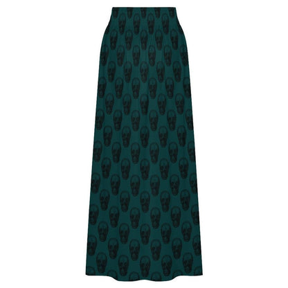 Teal Skull Print Maxi Skirt, High Waist Flowy A Line Boho Style