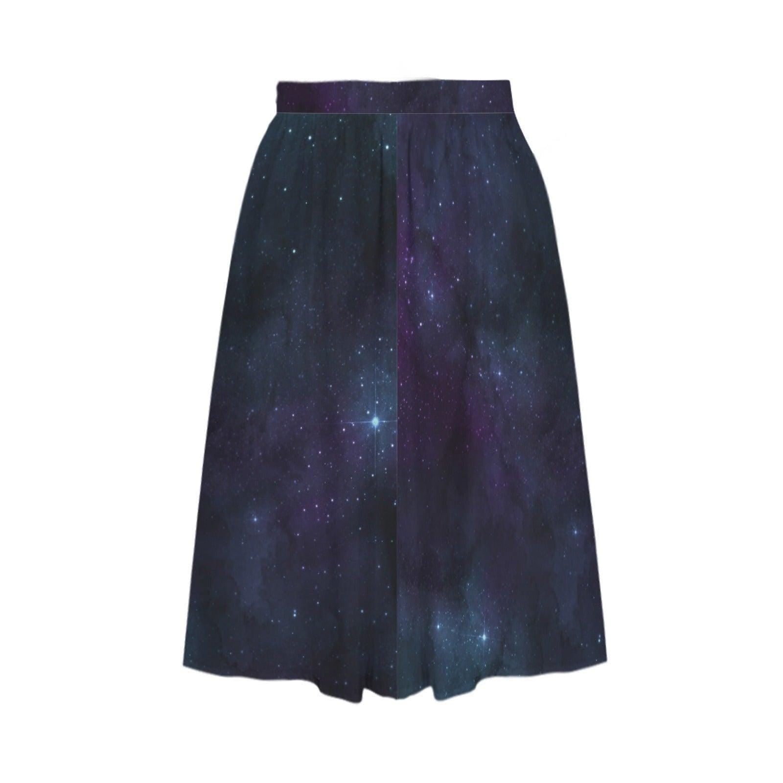 Galaxy Midi Skirt, Celestial Space Print, High Waist Flowy A Line, Pockets, Cosmic Boho