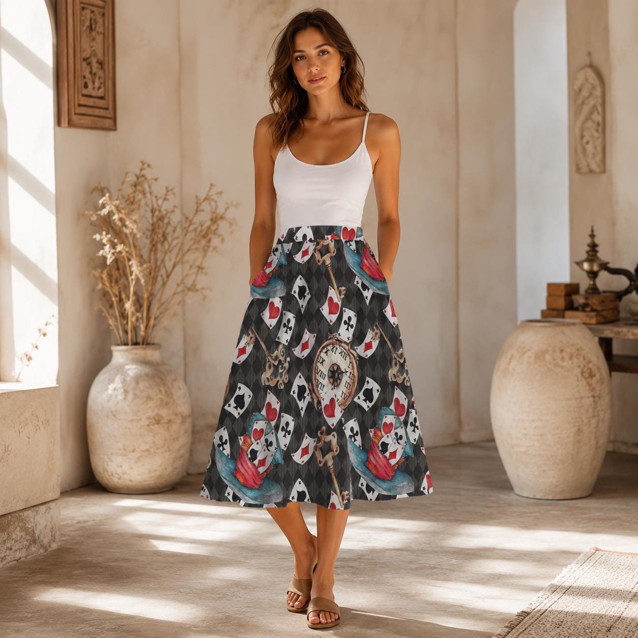 Whimsical Playing Card Midi Skirt, Fantasy Storybook Print, High Waist Statement Fashion