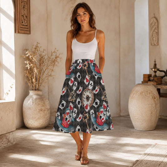 Whimsical Playing Card Midi Skirt, Fantasy Storybook Print, High Waist Statement Fashion