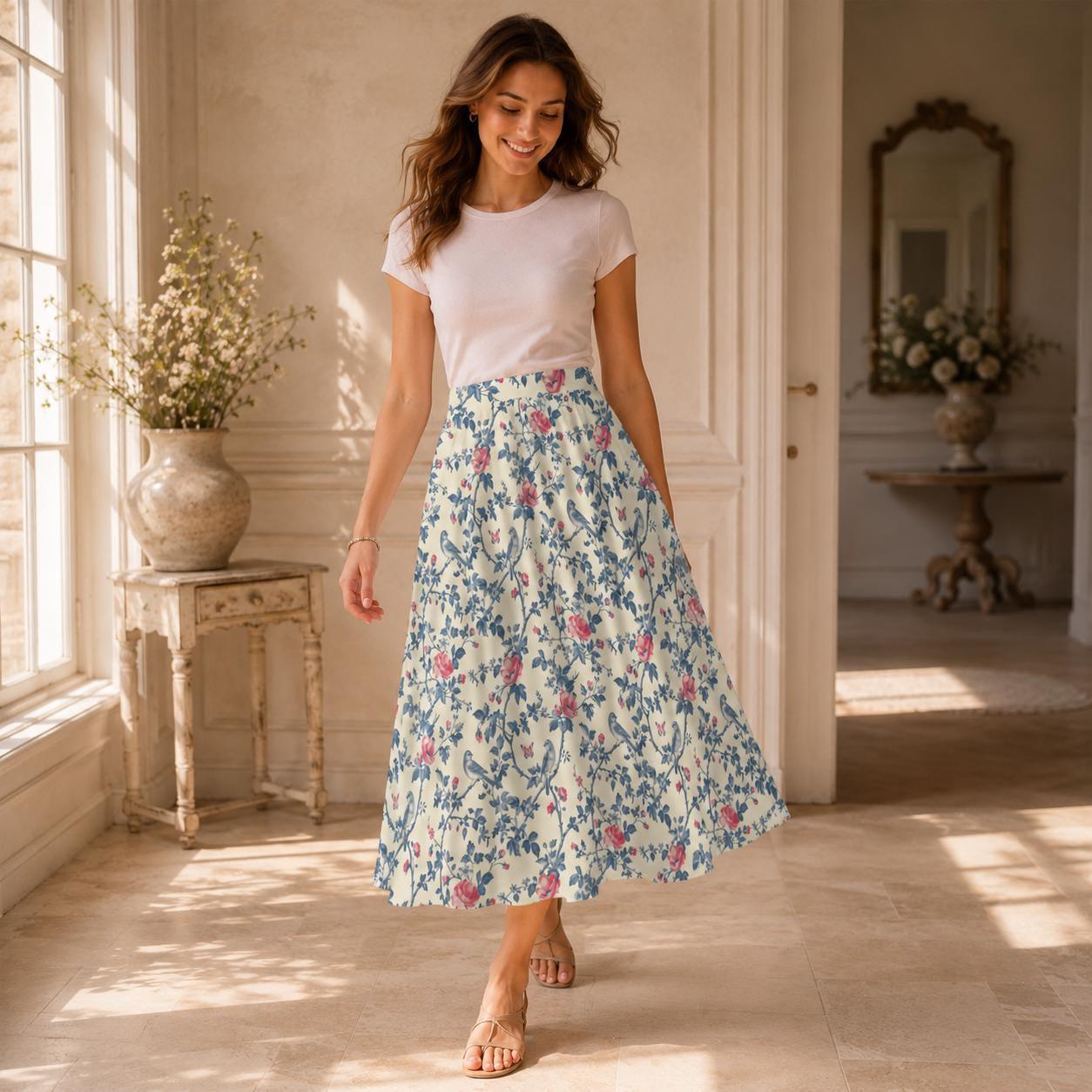 Bird and Rose Print Midi Skirt, Cottagecore A-Line Botanical Garden Skirt with Pockets