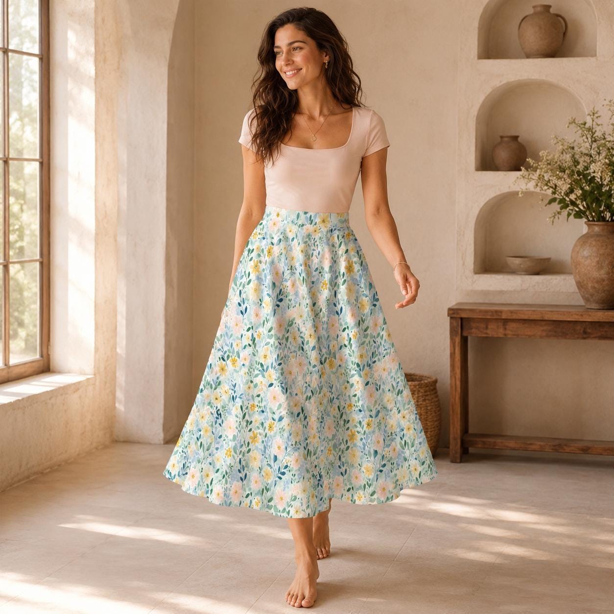 Pastel Watercolor Floral Midi Skirt, High Waist A-Line, Pockets, Coastal Spring Style