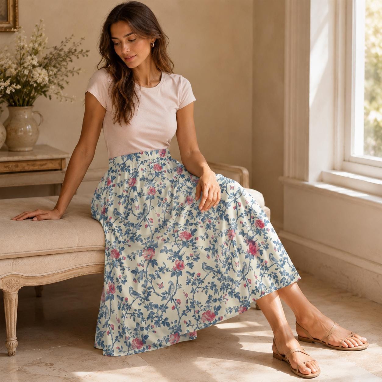 Bird and Rose Print Midi Skirt, Cottagecore A-Line Botanical Garden Skirt with Pockets