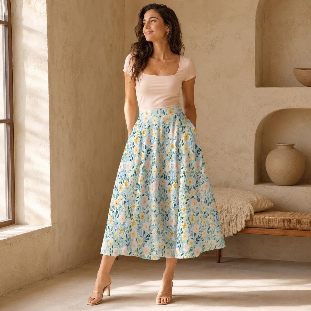 Pastel Watercolor Floral Midi Skirt, High Waist A-Line, Pockets, Coastal Spring Style