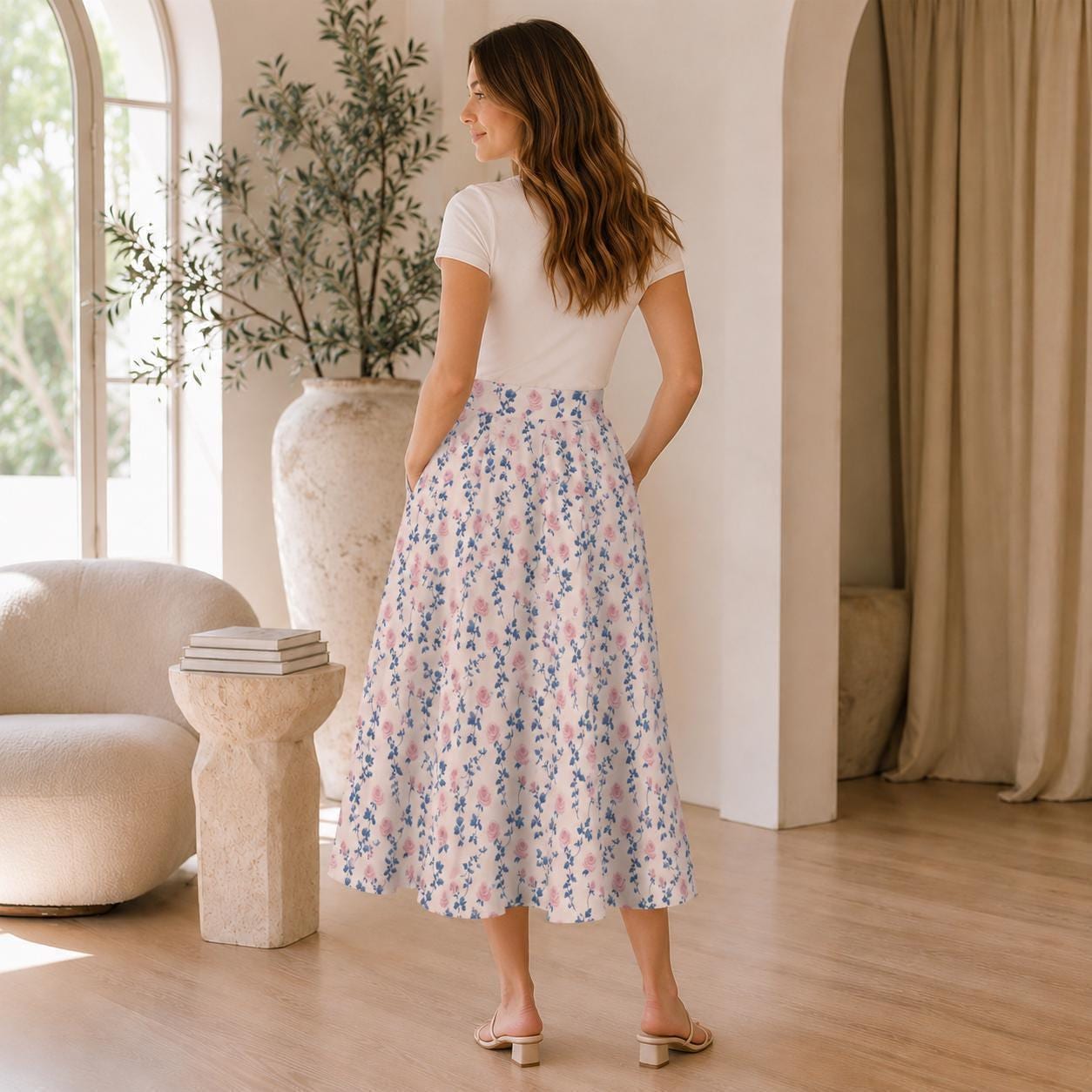Pink Rose Floral Midi Skirt, High Waist A-Line, Cottagecore Garden Styling