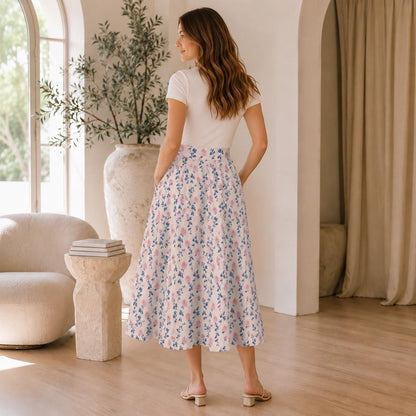 Pink Rose Floral Midi Skirt, High Waist A-Line, Cottagecore Garden Styling