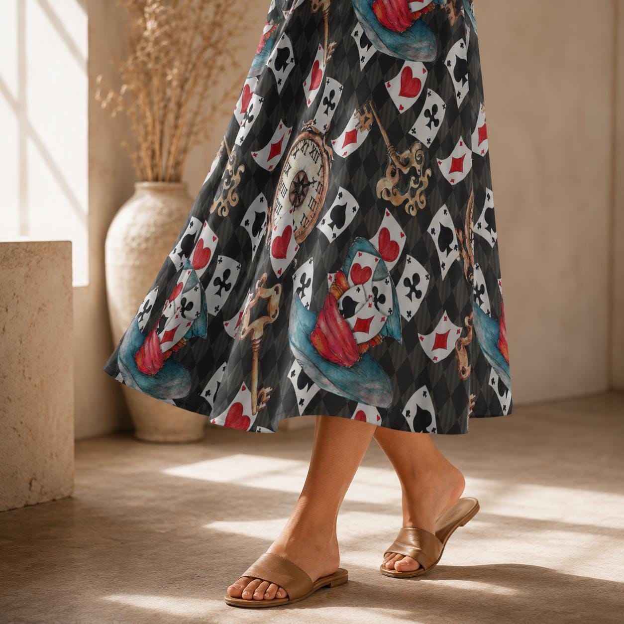 Whimsical Playing Card Midi Skirt, Fantasy Storybook Print, High Waist Statement Fashion
