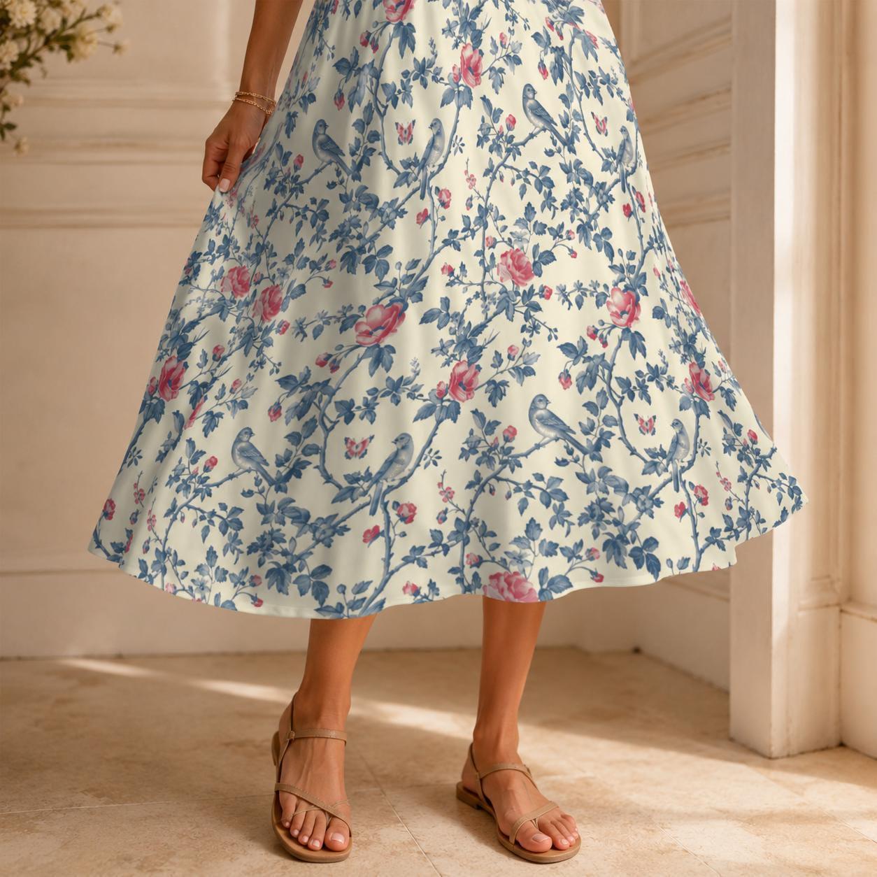 Bird and Rose Print Midi Skirt, Cottagecore A-Line Botanical Garden Skirt with Pockets