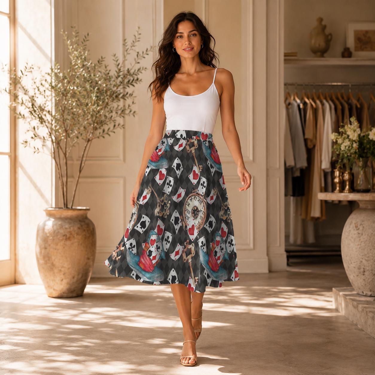 Whimsical Playing Card Midi Skirt, Fantasy Storybook Print, High Waist Statement Fashion