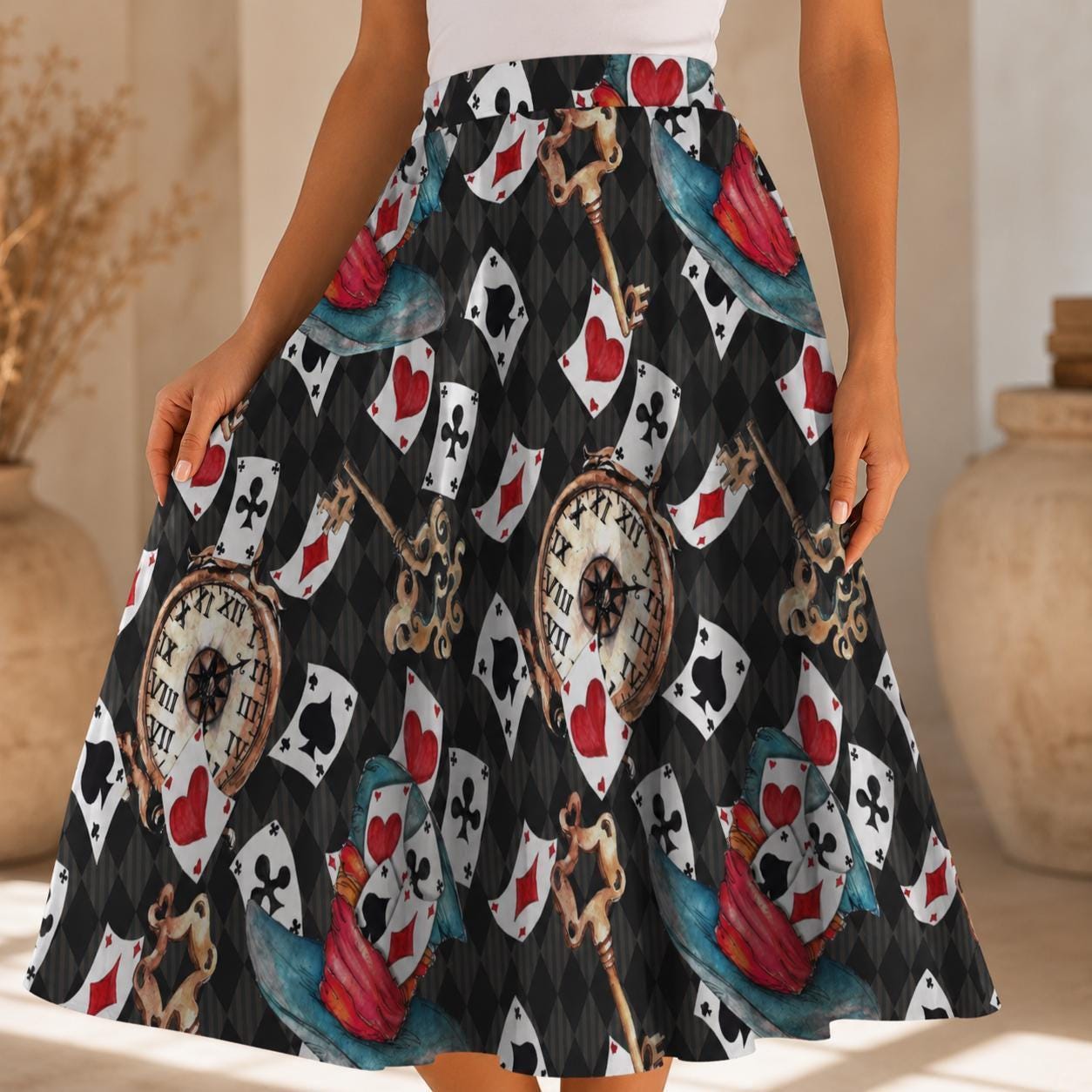 Whimsical Playing Card Midi Skirt, Fantasy Storybook Print, High Waist Statement Fashion