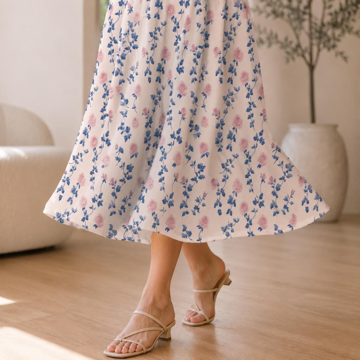 Pink Rose Floral Midi Skirt, High Waist A-Line, Cottagecore Garden Styling