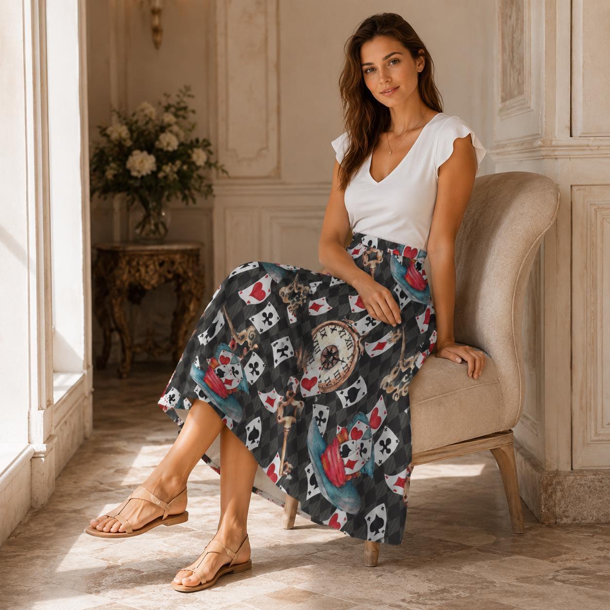 Whimsical Playing Card Midi Skirt, Fantasy Storybook Print, High Waist Statement Fashion