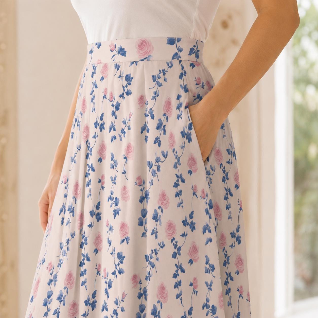 Pink Rose Floral Midi Skirt, High Waist A-Line, Cottagecore Garden Styling