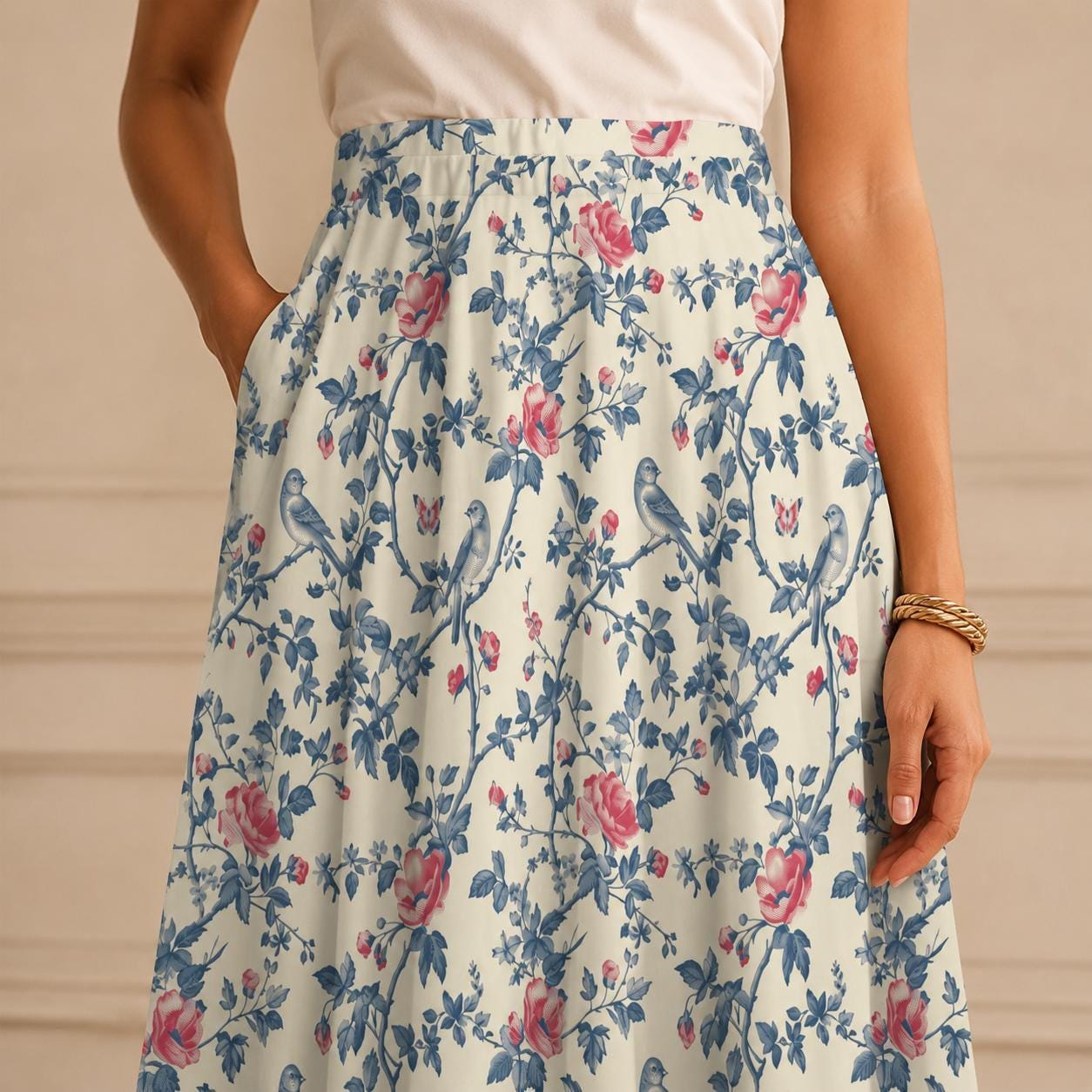 Bird and Rose Print Midi Skirt, Cottagecore A-Line Botanical Garden Skirt with Pockets