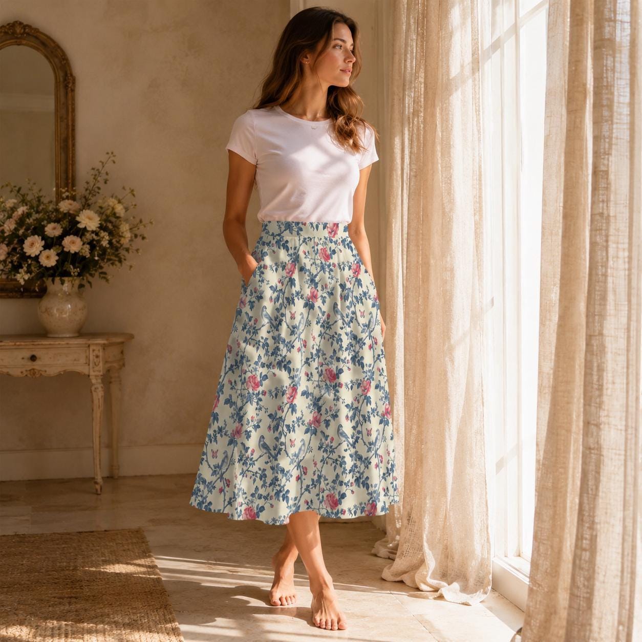 Bird and Rose Print Midi Skirt, Cottagecore A-Line Botanical Garden Skirt with Pockets