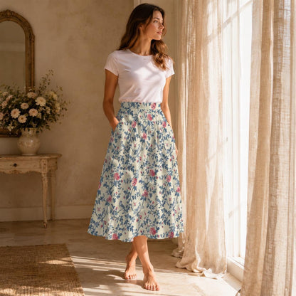 Bird and Rose Print Midi Skirt, Cottagecore A-Line Botanical Garden Skirt with Pockets